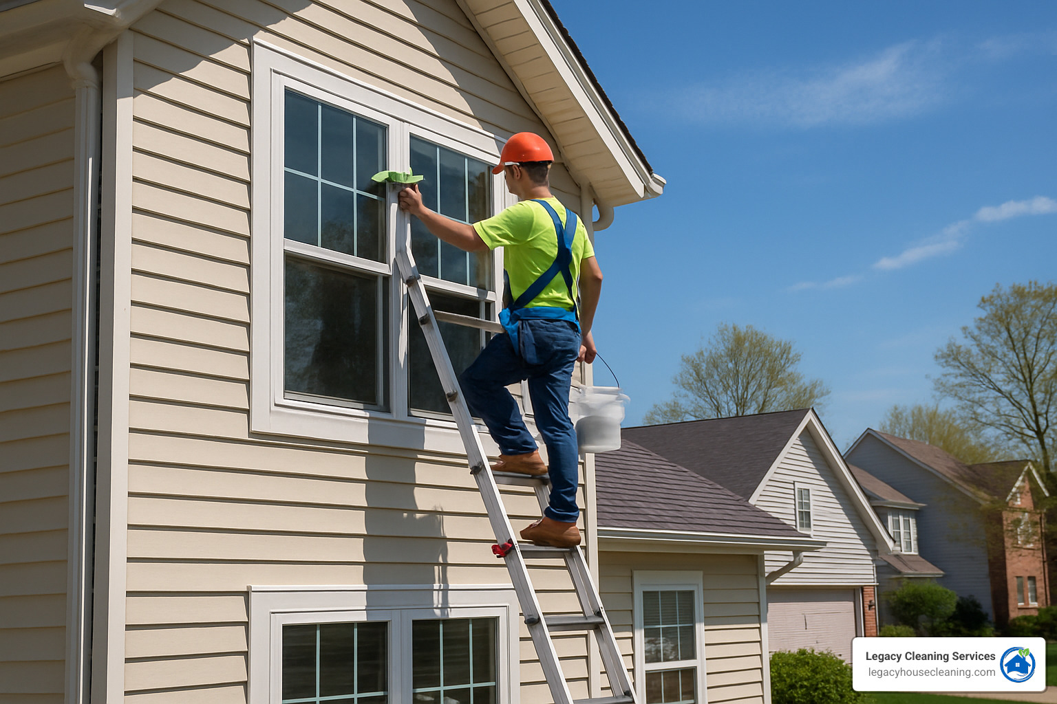 unsafe ladder positioning for window cleaning at Arlington WI two-story home exterior