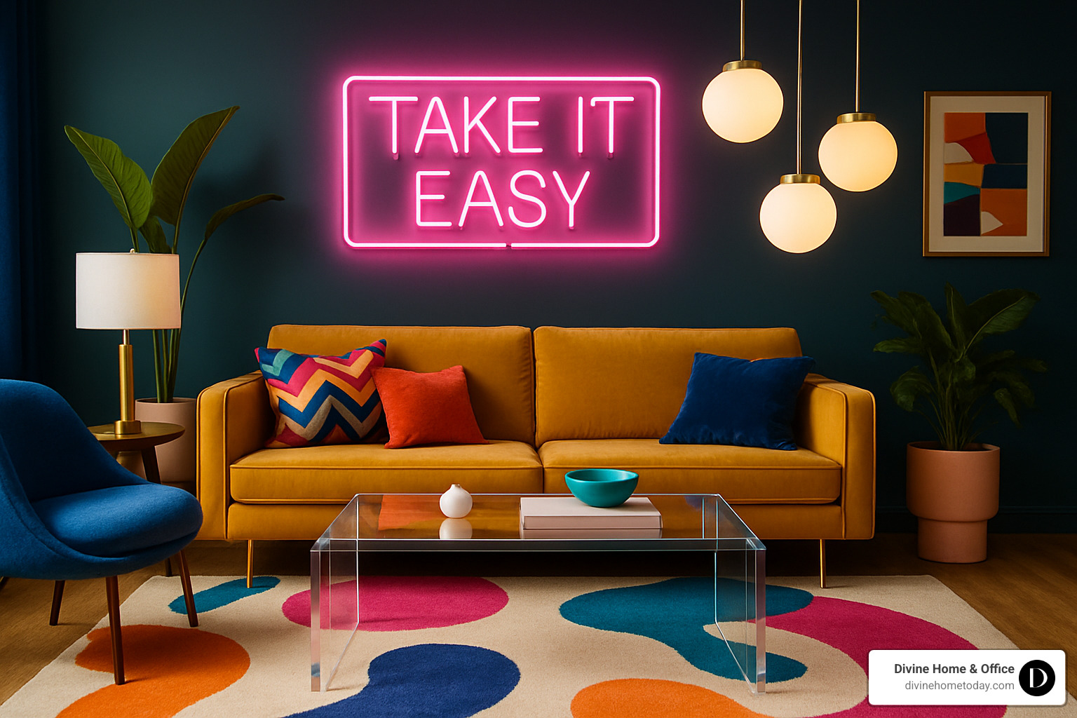 modern 80s interior design with custom neon wall sign - modern 80s interior design