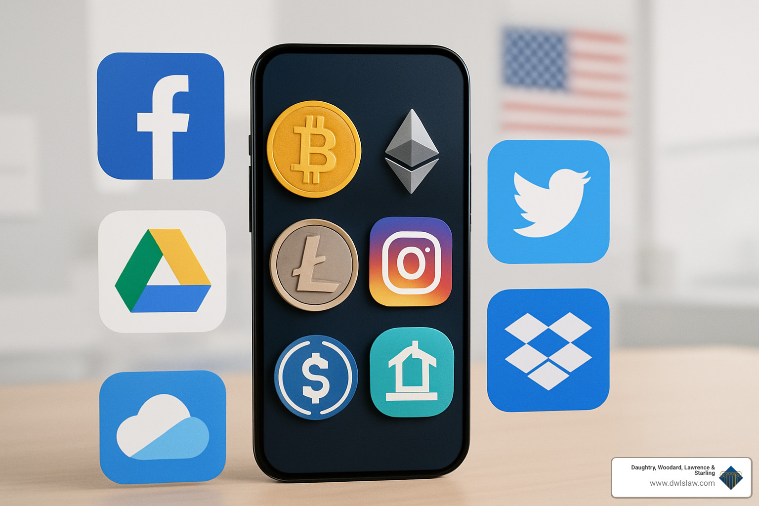 Various types of digital assets including cryptocurrency, social media, cloud storage and financial accounts - digital assets estate planning