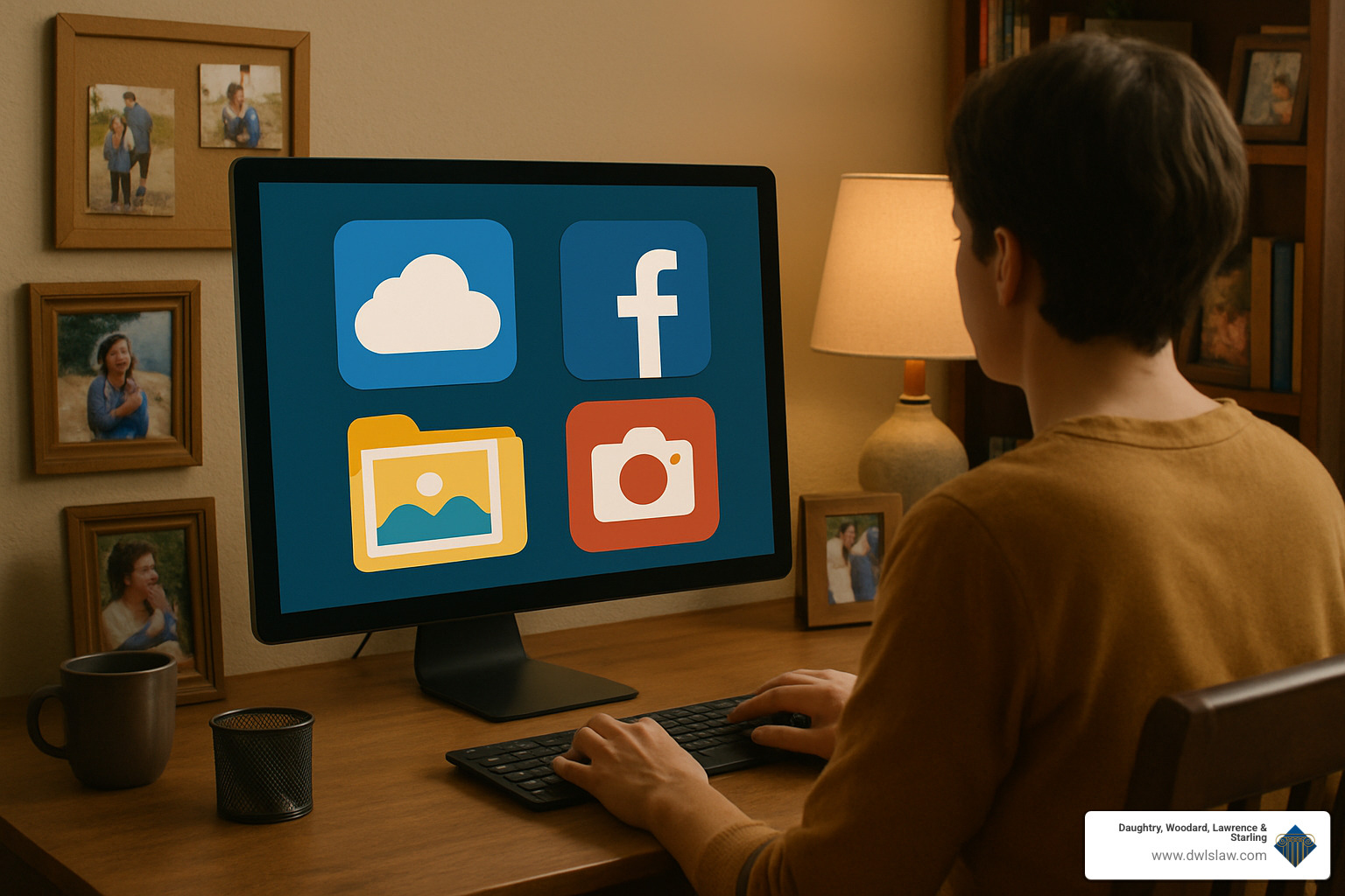 Person organizing digital memories and social media accounts on computer - digital assets estate planning