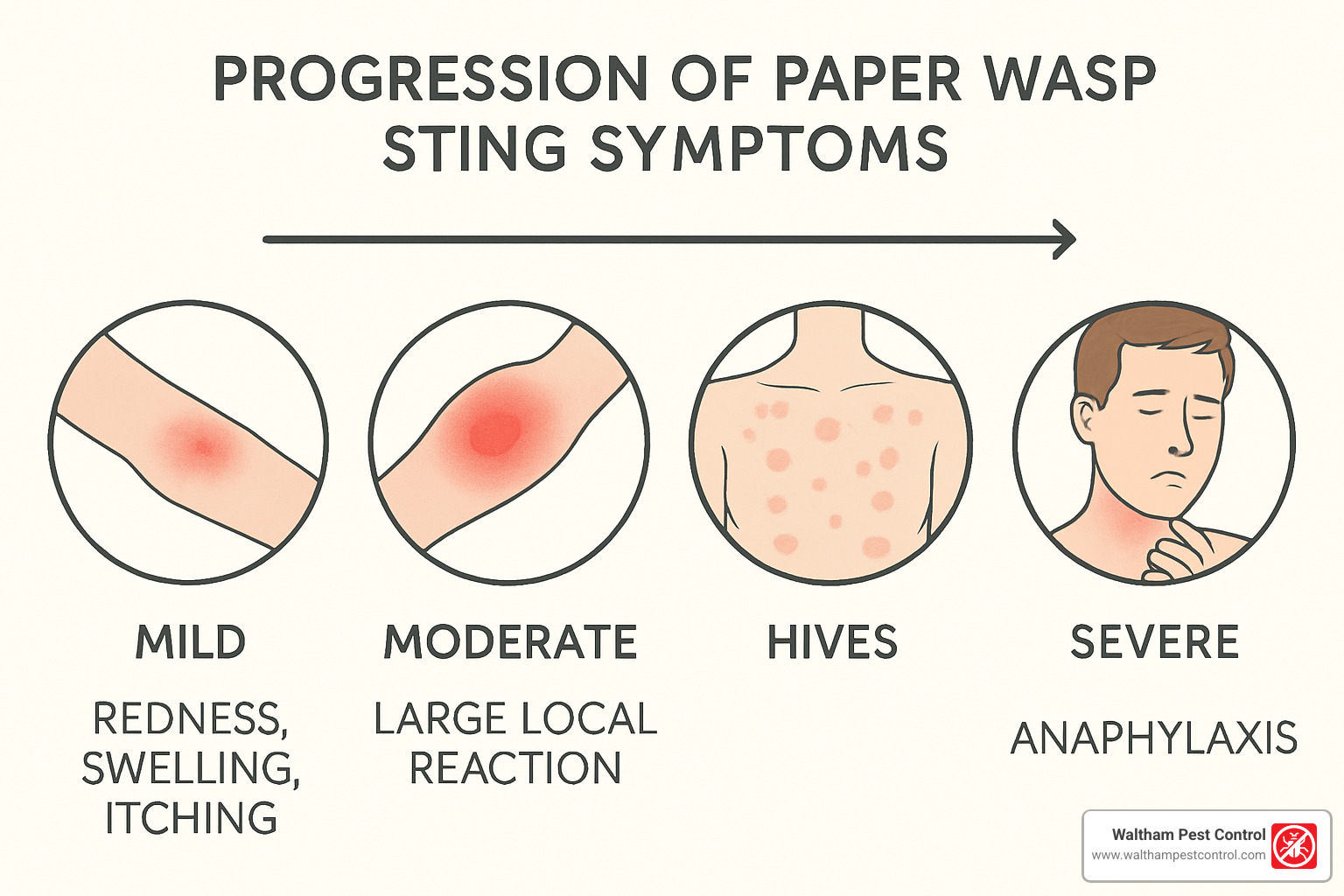 Diagram showing symptoms of paper wasp sting from mild to severe - are paper wasps aggressive