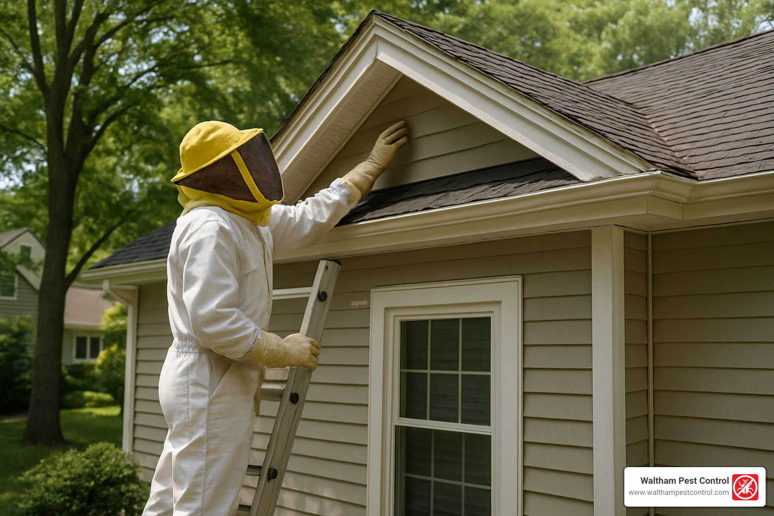 Homeowner inspecting eave for paper wasp nests - are paper wasps aggressive