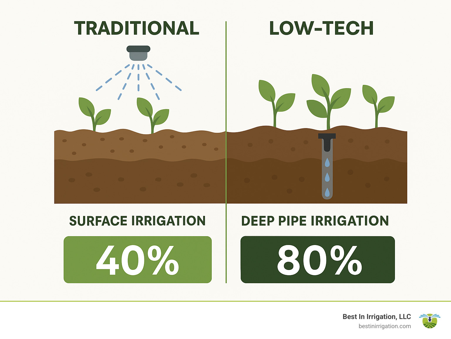 2d979d100e1dd9d0bea25df7cb6cb0fa689ed34d Watering Wisely: A Guide to Advanced Irrigation Techniques Comparison of water efficiency rates between traditional and low-tech irrigation methods - Advanced irrigation techniques infographic