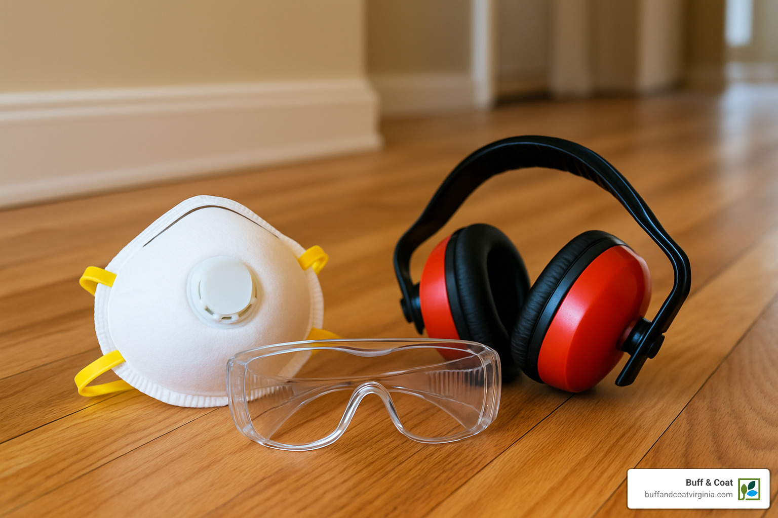 Safety equipment for buffing timber floors including mask, goggles, and ear protection - buffing timber floors