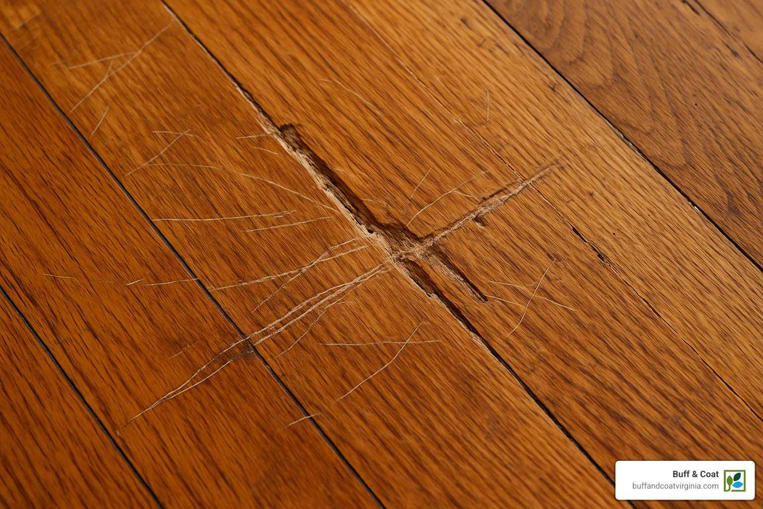 wood floor with deep scratches that require sanding - buffing timber floors