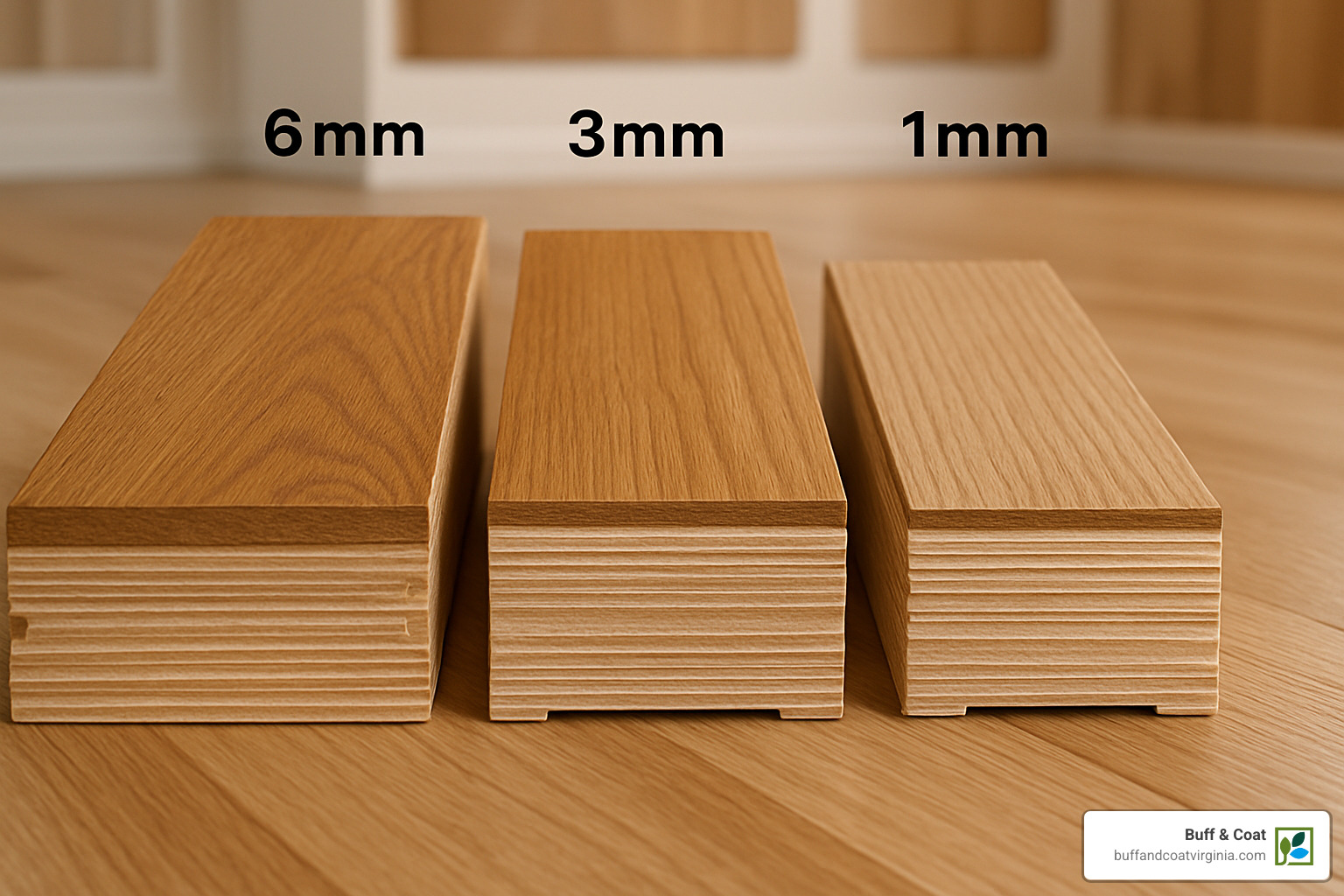Different types of engineered wood flooring with varying veneer thicknesses - buffing timber floors