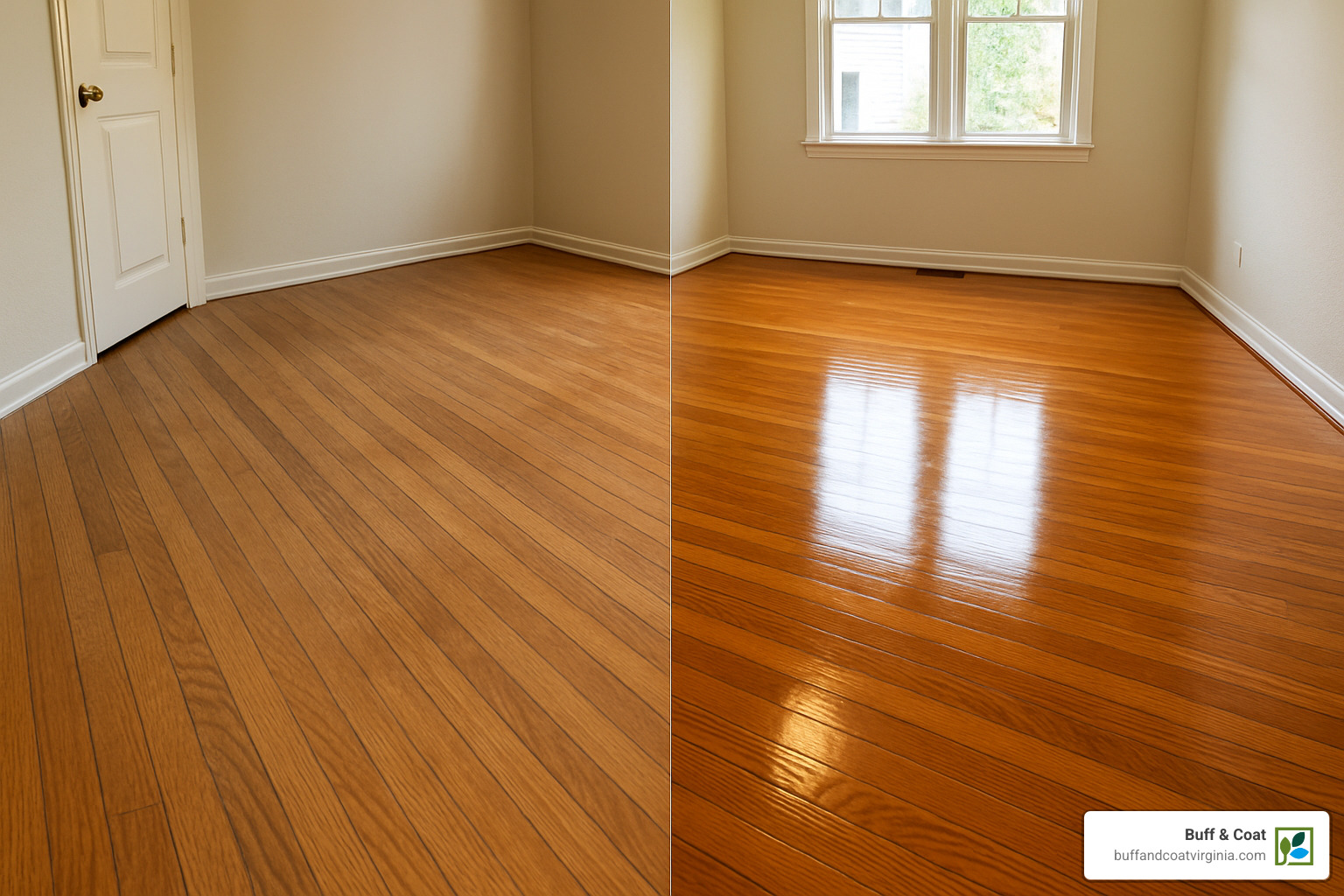 Before and after comparison of buffed hardwood floors - buffing timber floors