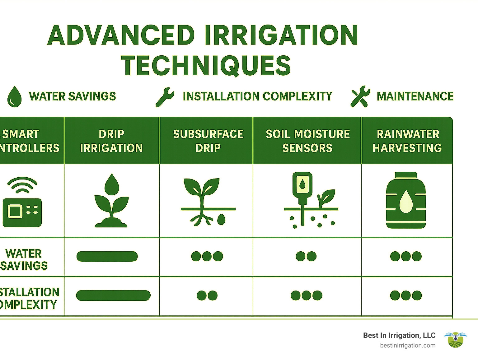 7c9f962ca47f7595de9db145eddd84a07cc69695 Watering Wisely: A Guide to Advanced Irrigation Techniques Comparison of advanced irrigation techniques showing water savings, installation complexity, and maintenance requirements for smart controllers, drip irrigation, subsurface systems, soil moisture sensors, and rainwater harvesting - Advanced irrigation techniques infographic