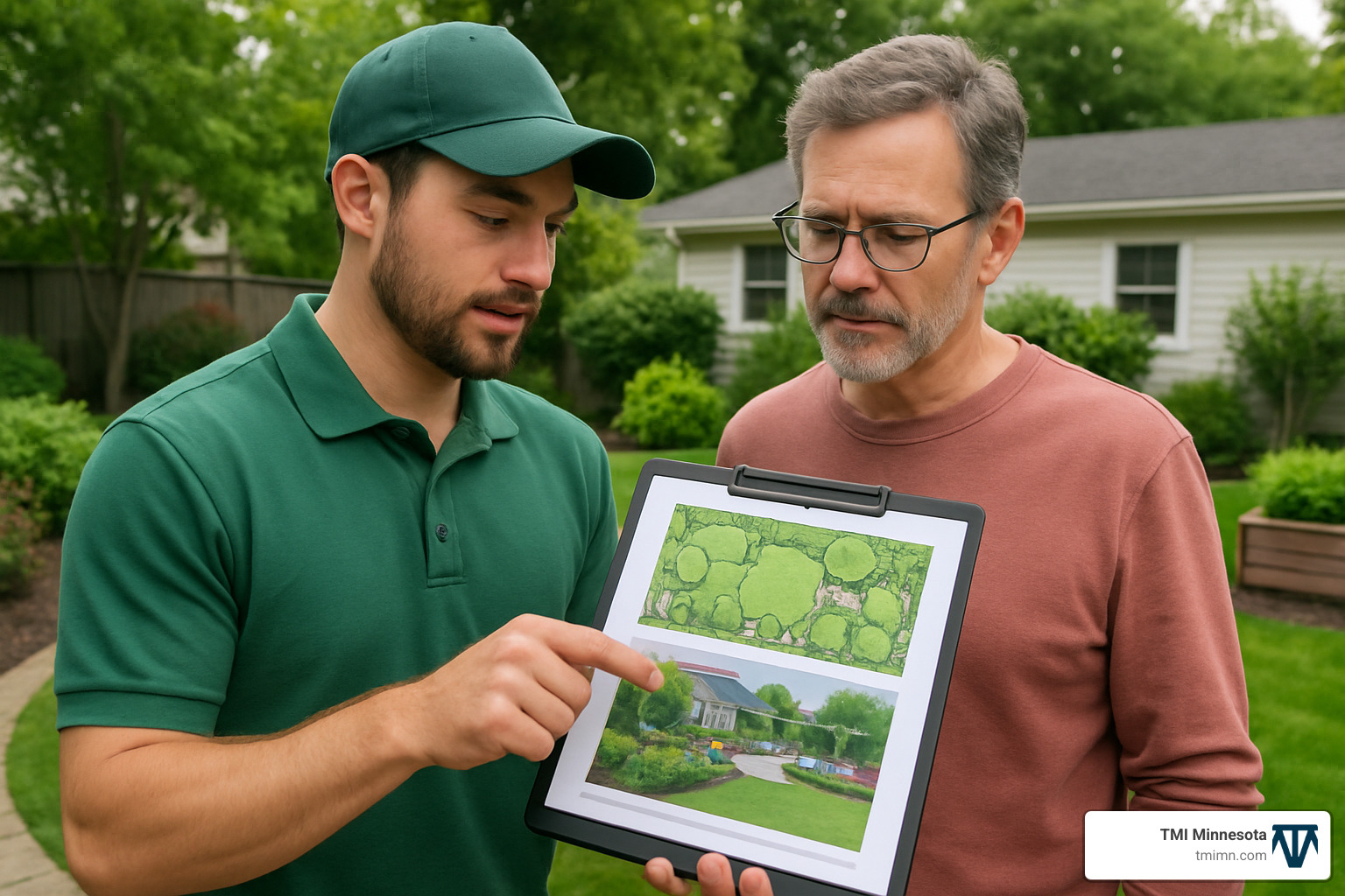 Landscape designer and client reviewing plans on site - backyard designers near me