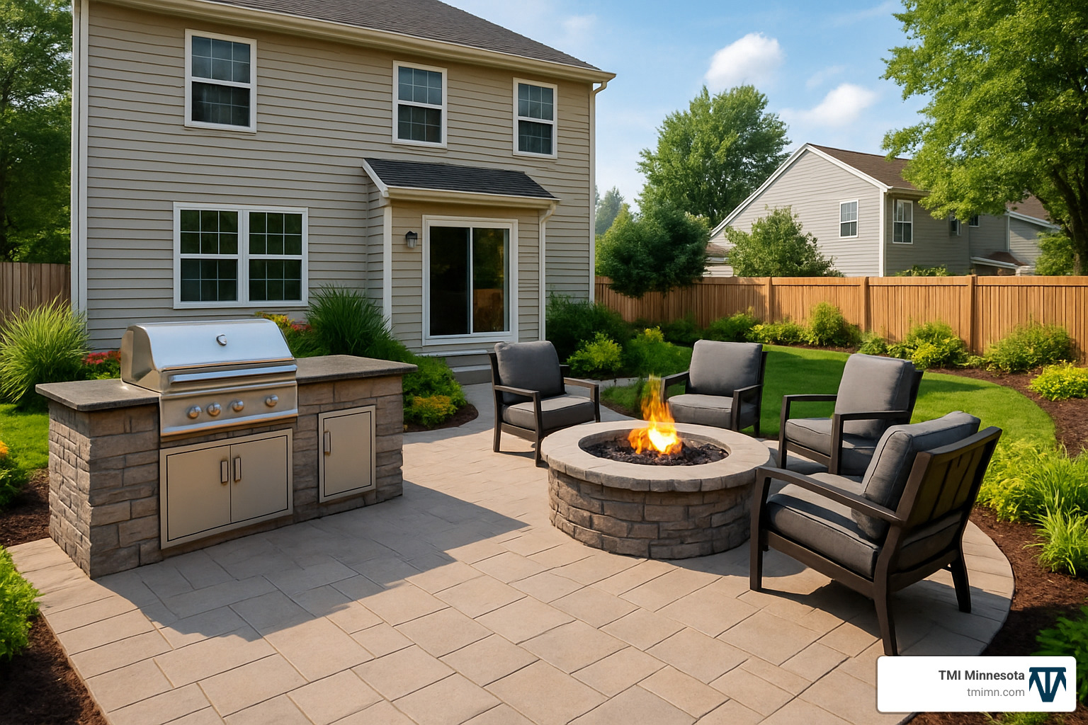 3D rendering of backyard design with outdoor kitchen and fire pit - backyard designers near me