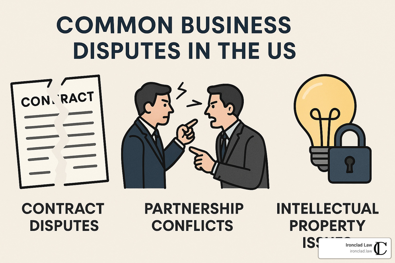 Common business disputes illustrated showing contract disputes, partnership conflicts, and intellectual property issues - business dispute resolution