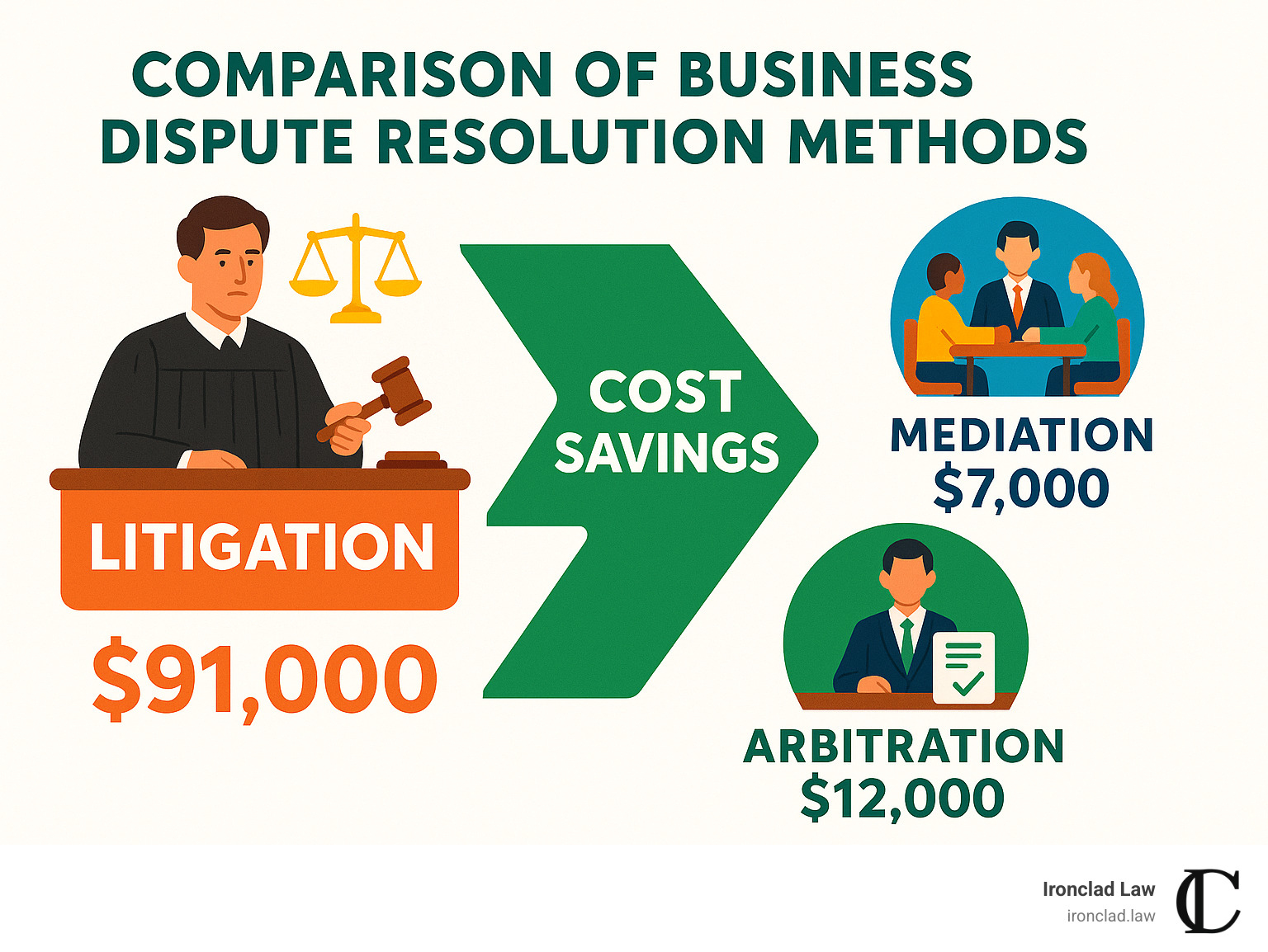 Comparison of business dispute resolution methods showing cost savings between litigation and alternative methods - business dispute resolution infographic