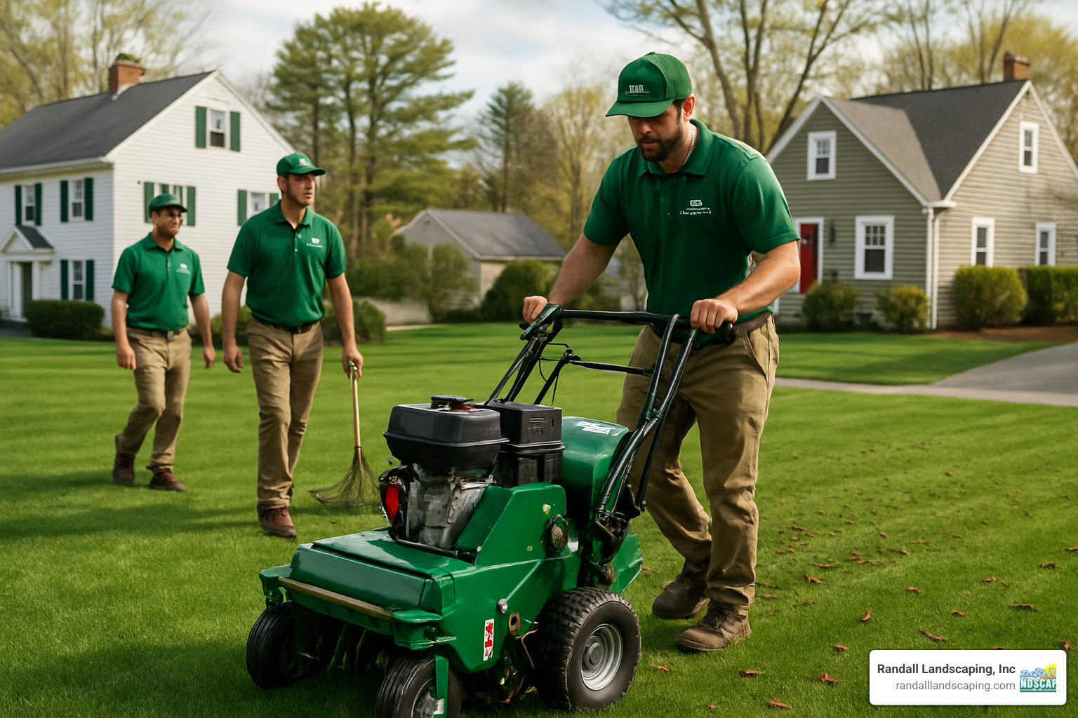 lawn aeration crew working on a Salem property - Salem NH lawn care