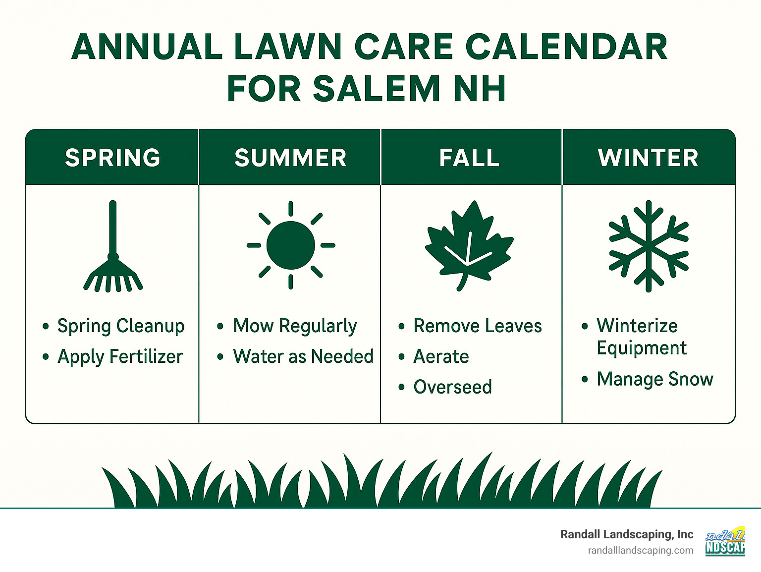 Annual lawn care calendar for Salem NH showing seasonal tasks from spring cleanup through winter preparation - Salem NH lawn care infographic