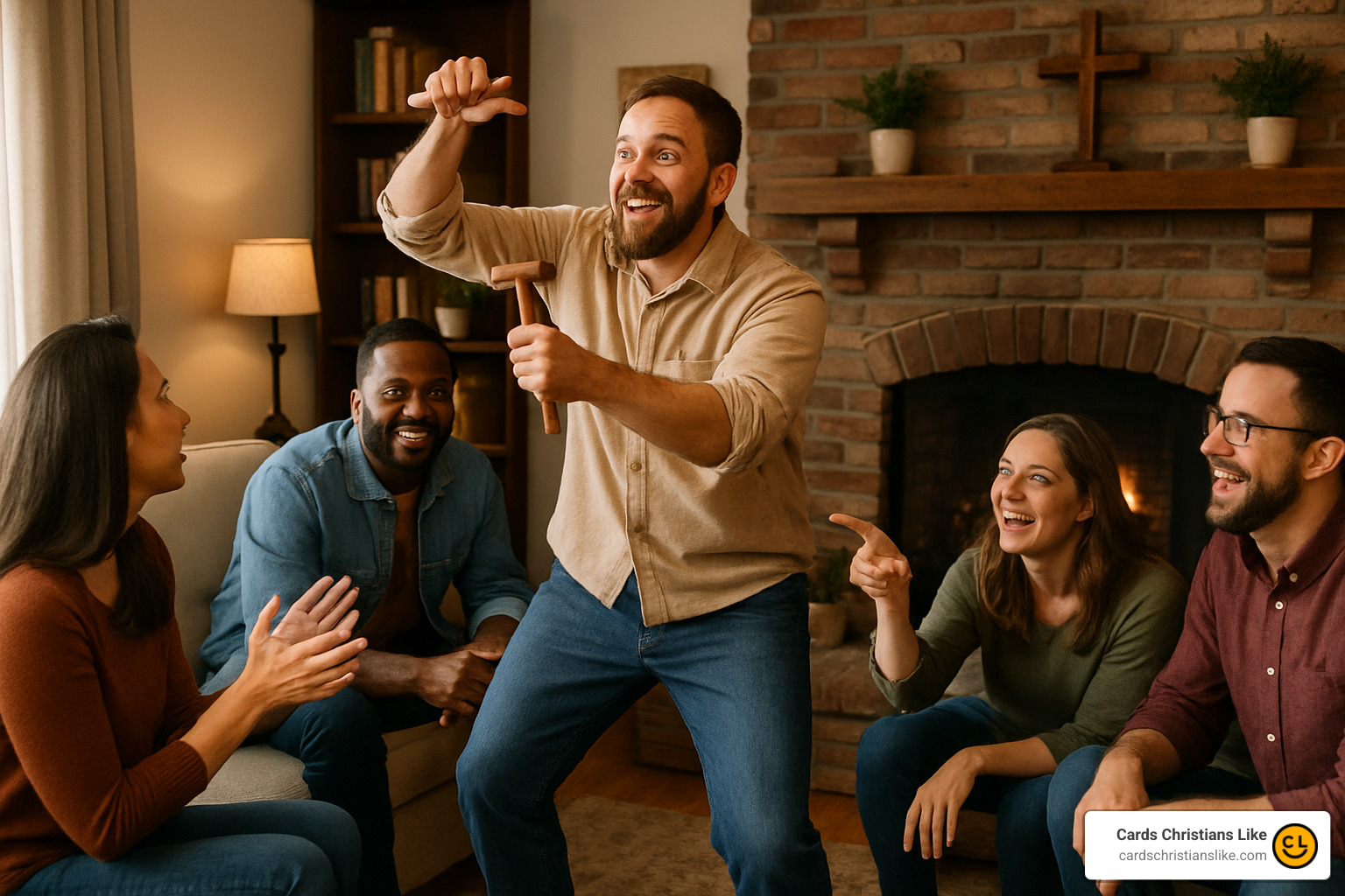 person acting out Noah building the ark in charades - adult christian party games