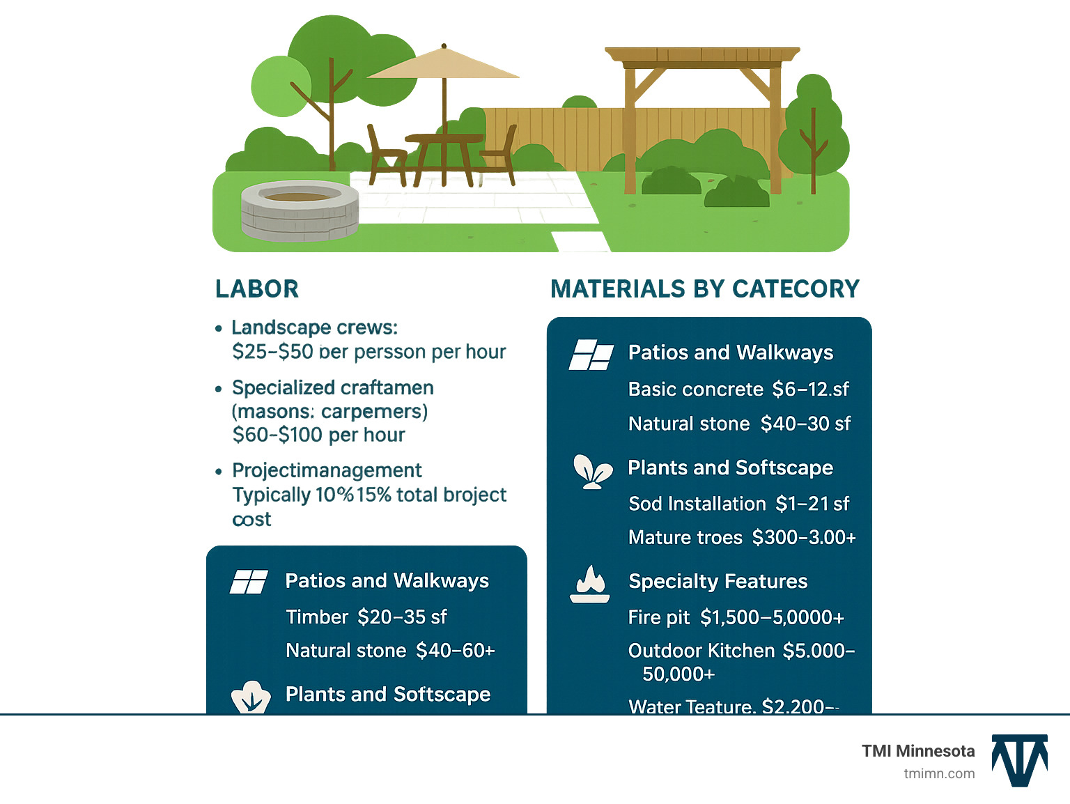 Infographic showing cost breakdown for typical backyard design project - backyard designers near me infographic 