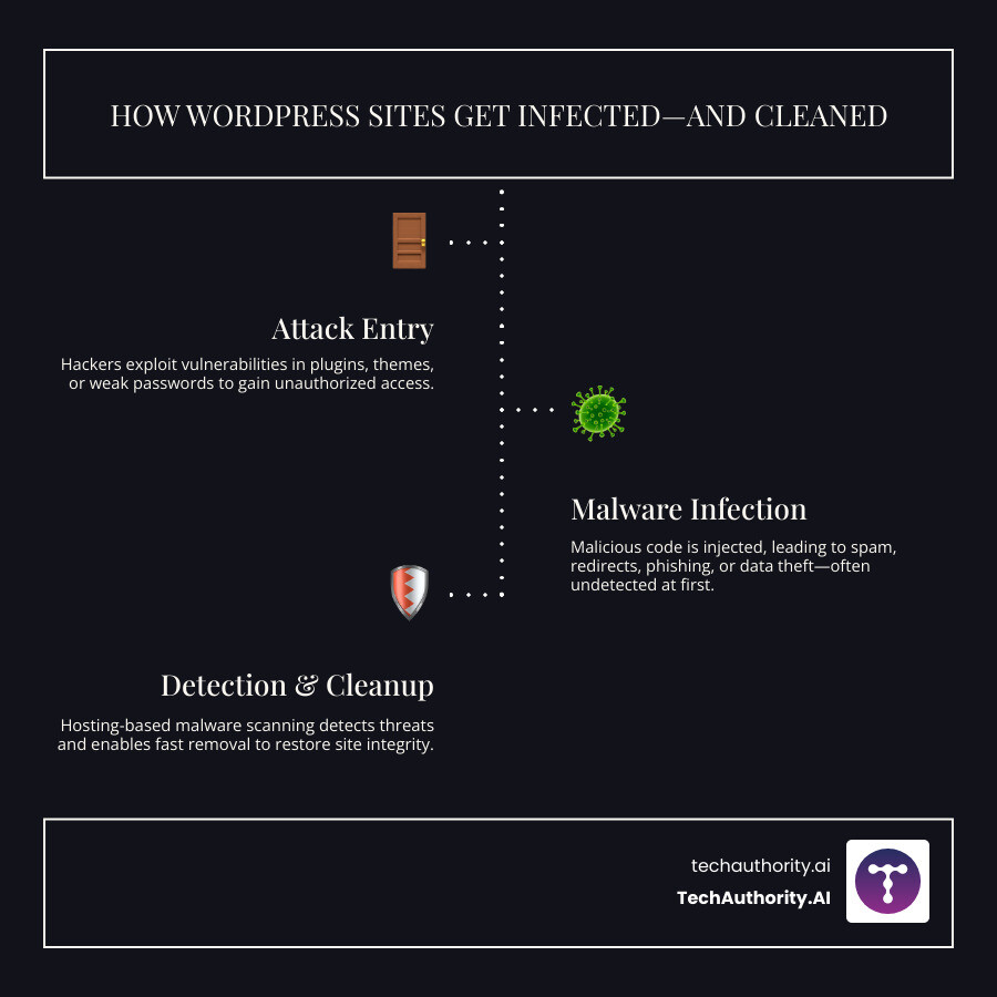 Malware infection cycle showing attack vectors, infection symptoms, and cleanup methods for WordPress hosting with malware scanning - WordPress hosting with malware scanning infographic infographic-line-3-steps-dark
