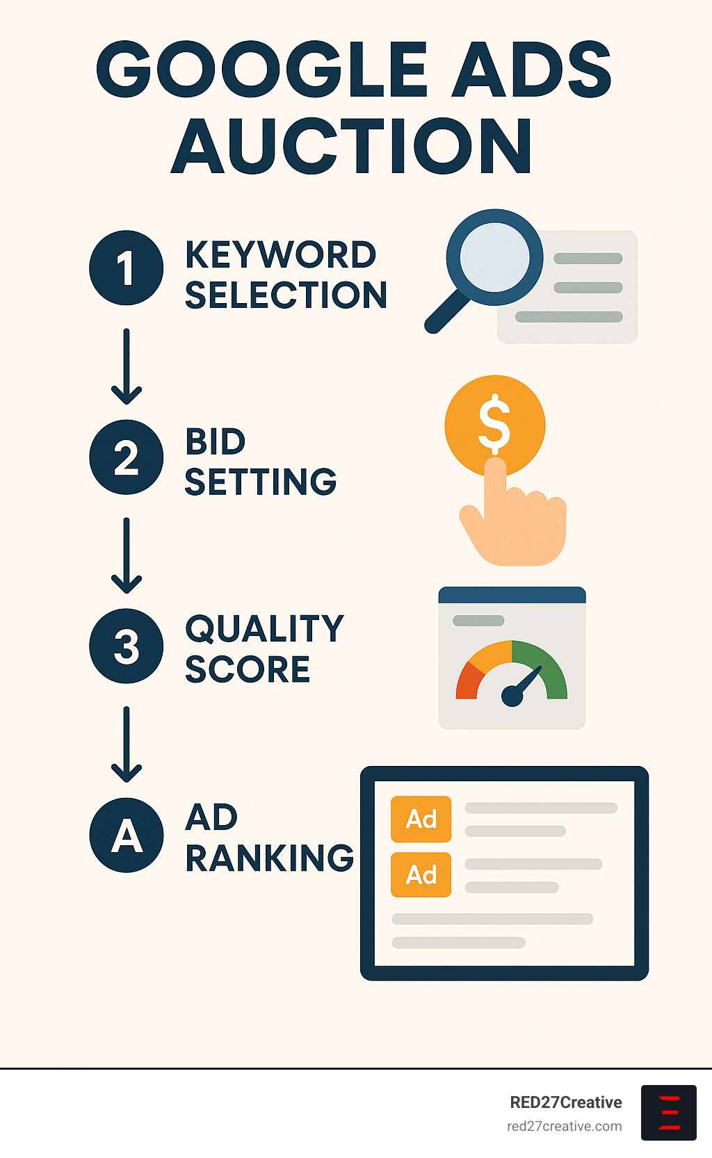 Paid Search Management Explained (Without Making Your Head Spin) • Google Paid Search Management • RED27Creative Google Ads auction process showing how ads are ranked based on bid amount and quality score, with steps including keyword selection, bid setting, quality score calculation, and ad ranking - Google Paid Search Management infographic