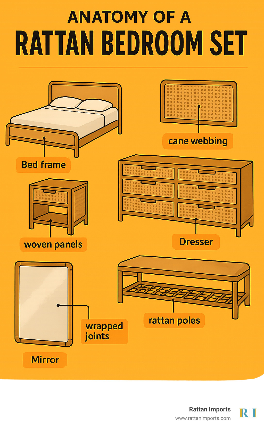 Anatomy of a rattan bedroom set showing typical components: bed frame, headboard, nightstands, dresser, mirror, and bench with material details and construction features - rattan bedroom set infographic 