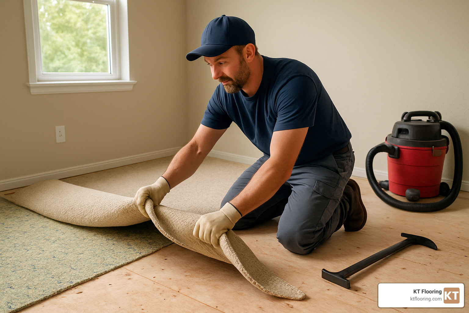Carpet installation showing removal of old carpet and preparation of subfloor - average price of carpet per square yard