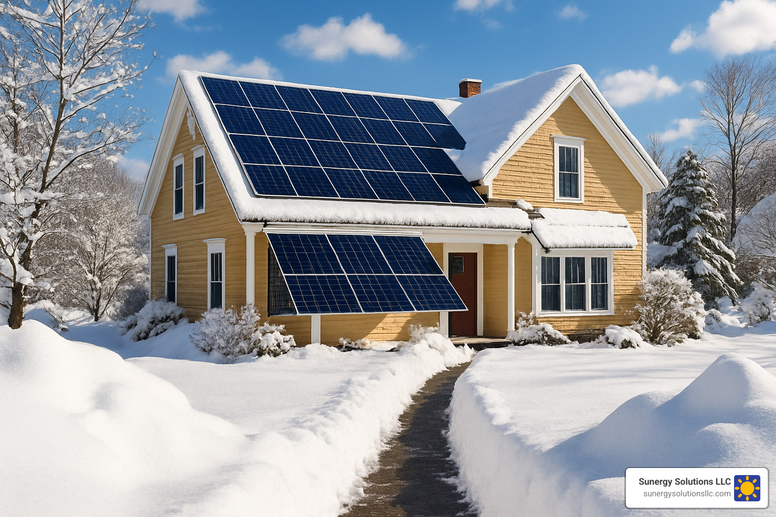snow-covered solar panels on new hampshire home with cleared path - solar companies in nh