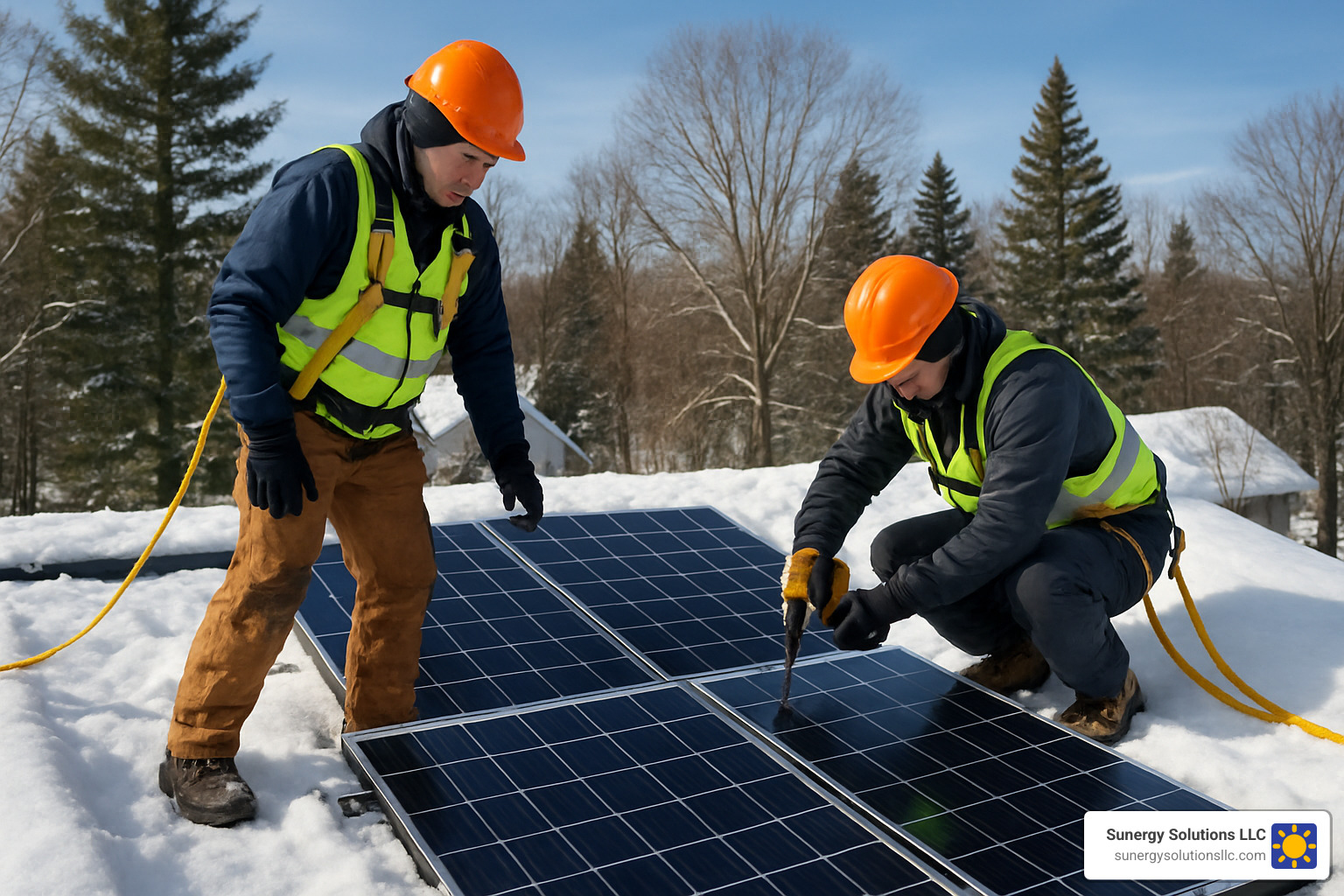 certified solar installers working on a snowy new hampshire roof - solar companies in nh