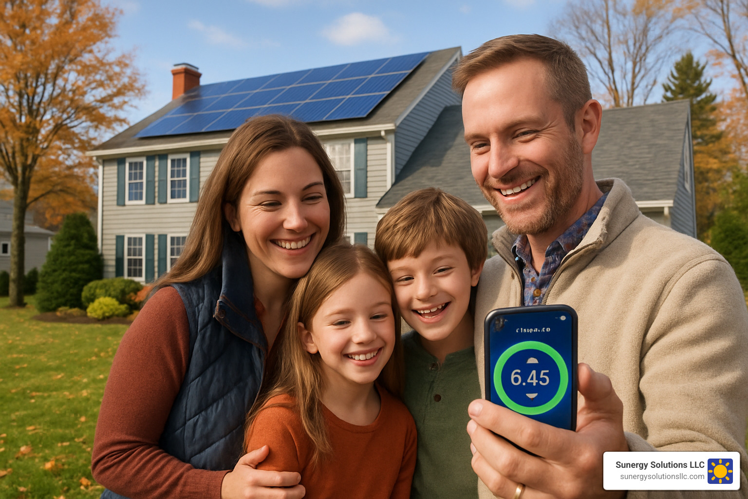 happy new hampshire family checking solar production on smartphone app - solar companies in nh
