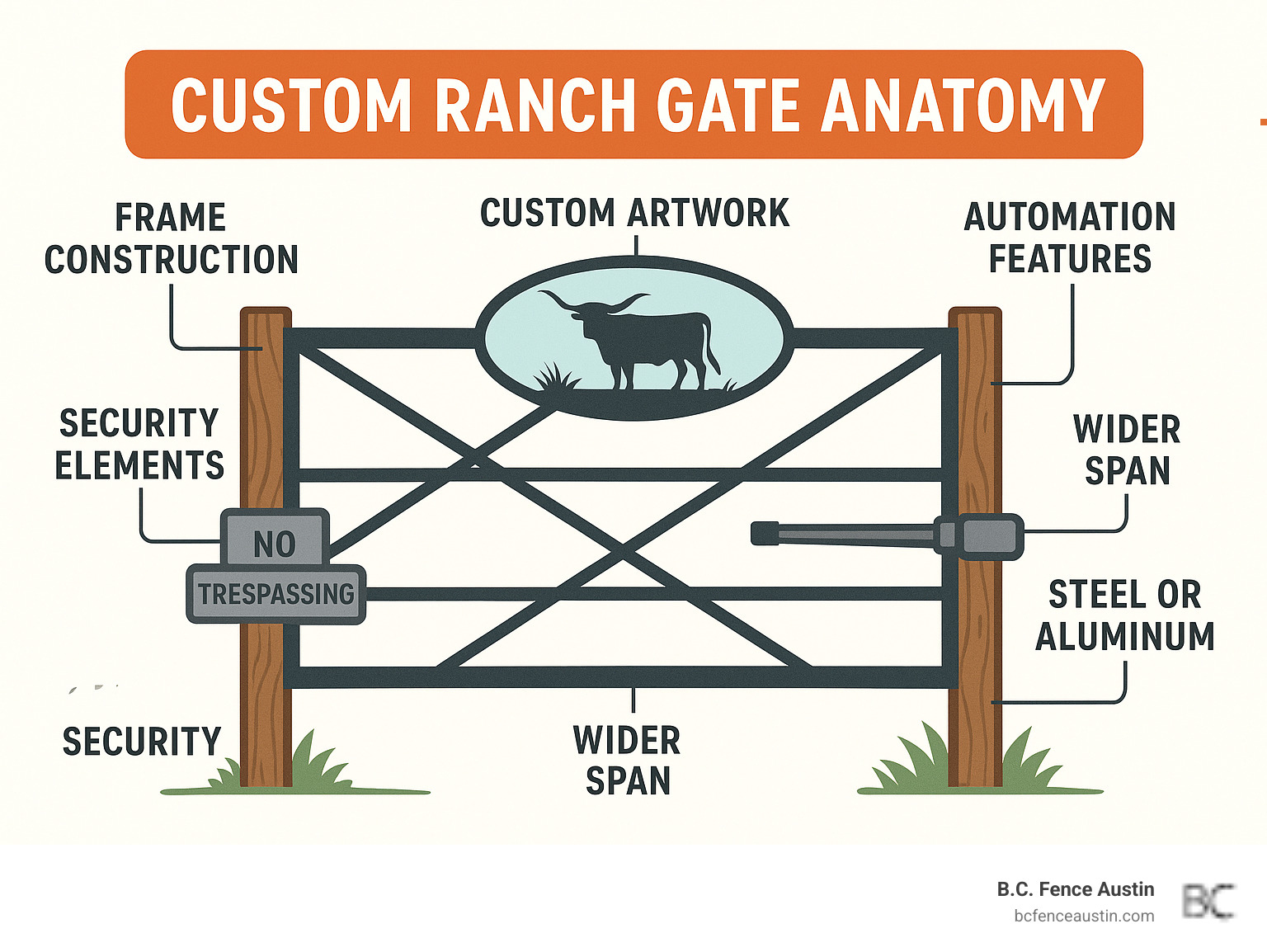 Custom ranch gate anatomy showing key components including frame construction, artwork placement, automation features, security elements, and material options with detailed labels of each part and how they differ from standard gates - custom ranch gates infographic 