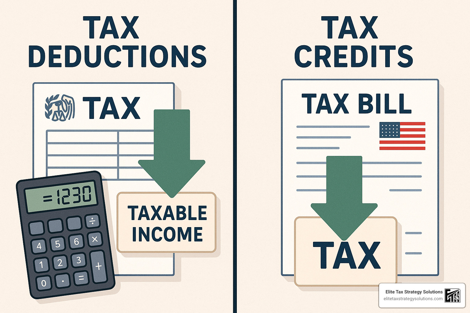 Tax deductions and credits illustration showing the difference between tax deductions and tax credits - salary tax planning Tax deductions and credits illustration showing the difference between tax deductions and tax credits - salary tax planning