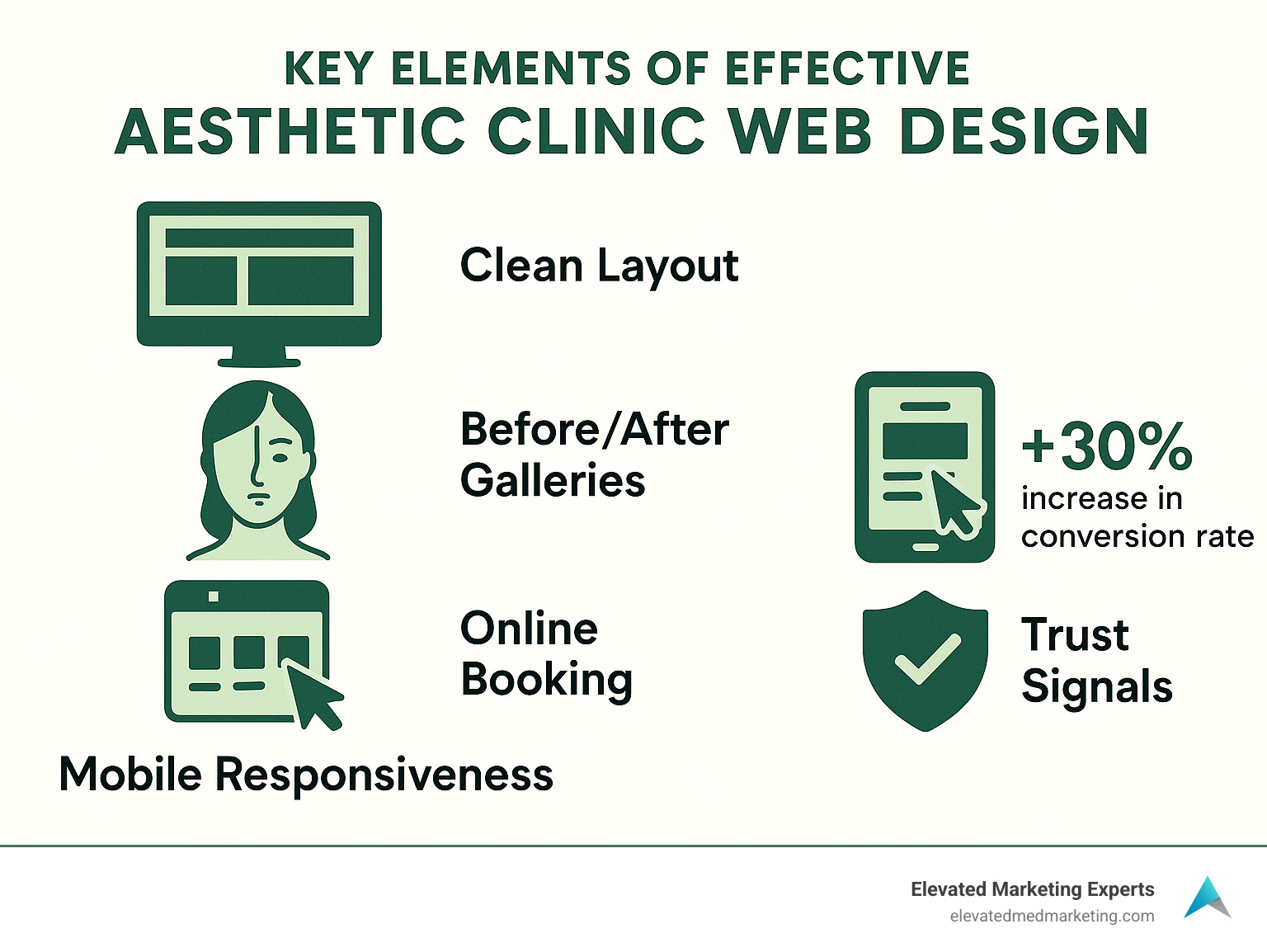 Key elements of effective aesthetic clinic web design showing clean layout, before/after galleries, online booking, mobile responsiveness, and trust signals with their impact on conversion rates - aesthetic clinic web design infographic