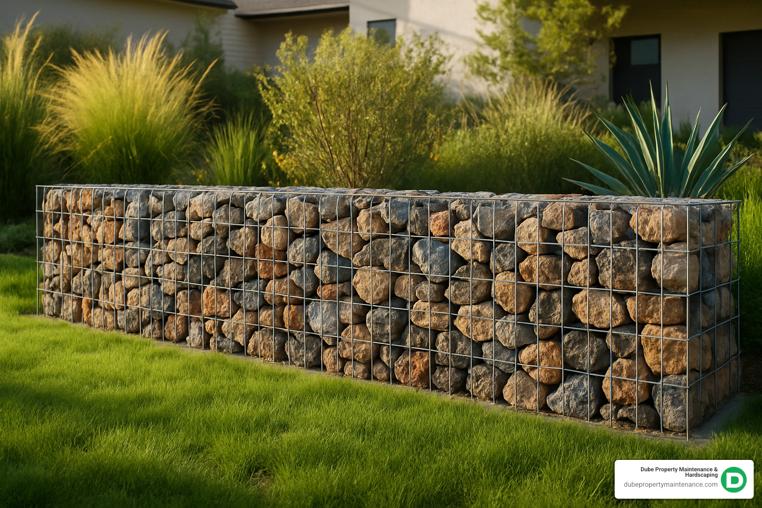 Modern gabion wall with mixed stone sizes creating visual interest - gabion wall builders near me