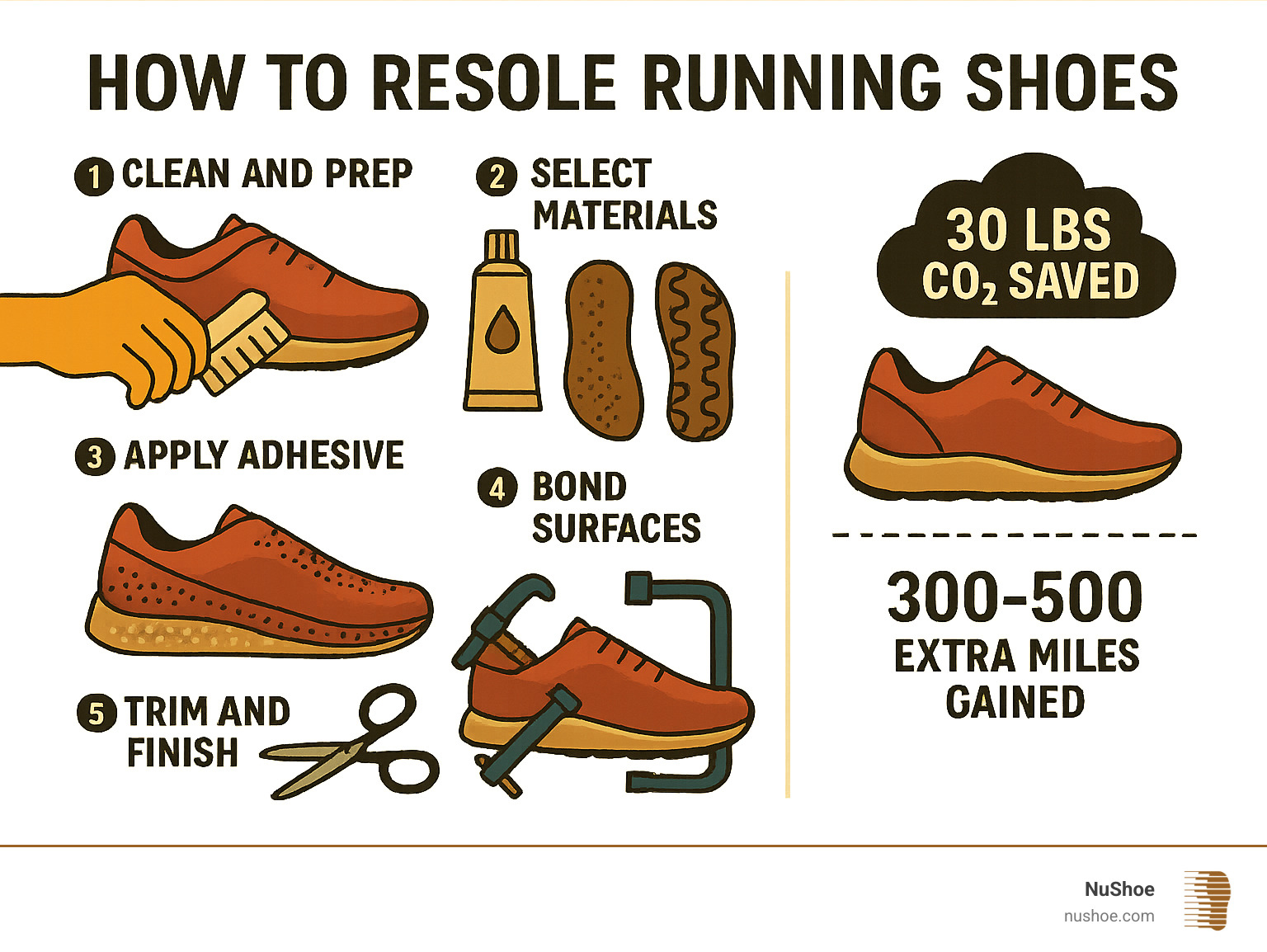 Infographic showing the resoling process with 5 steps: cleaning and prepping the shoe, selecting materials, applying adhesive, bonding surfaces with clamps, and trimming excess material, with environmental benefits of 30 lbs CO2 saved and 300-500 extra miles gained - how to resole running shoes infographic 
