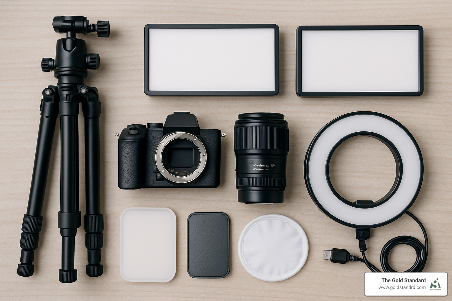 flat lay of macro photography equipment including camera, lens, tripod, lighting, and diffusers - cannabis macro