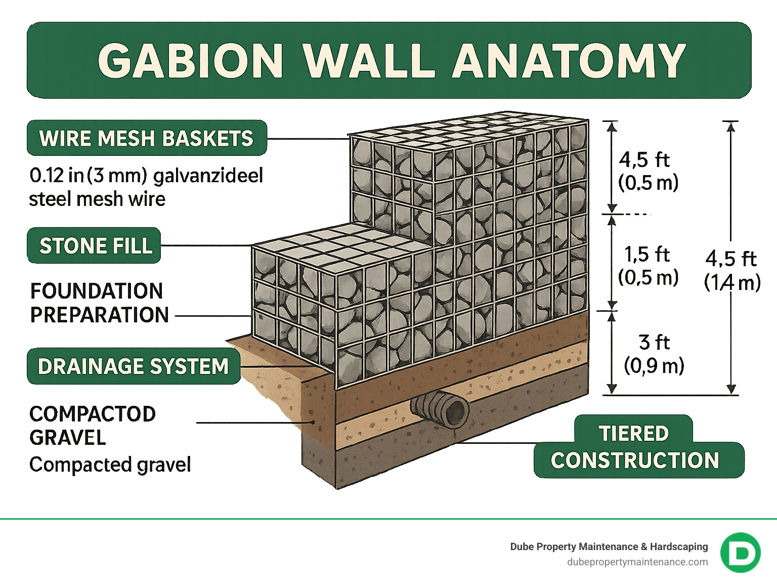 Gabion wall anatomy showing wire mesh baskets, stone fill, foundation preparation, drainage system, and tiered construction with measurements and material specifications - gabion wall builders near me infographic 