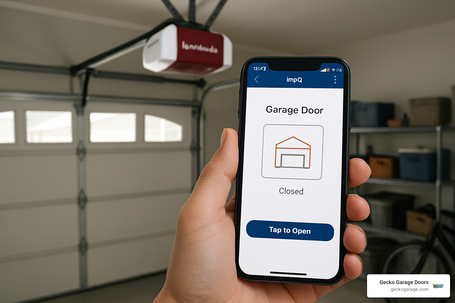 Smartphone showing myQ app interface with garage door controls - LiftMaster myQ smart opener