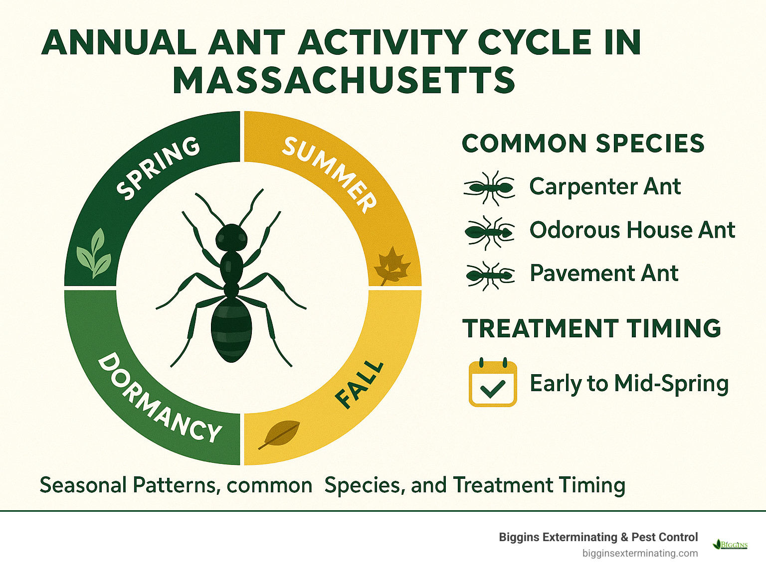 Annual ant activity cycle in Massachusetts showing seasonal patterns, common species, and treatment timing recommendations - ant exterminator lexington ma infographic 