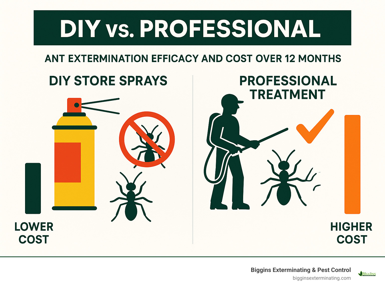 Comparison of DIY store sprays vs professional treatment efficacy and cost over 12 months - ant exterminator lexington ma infographic 