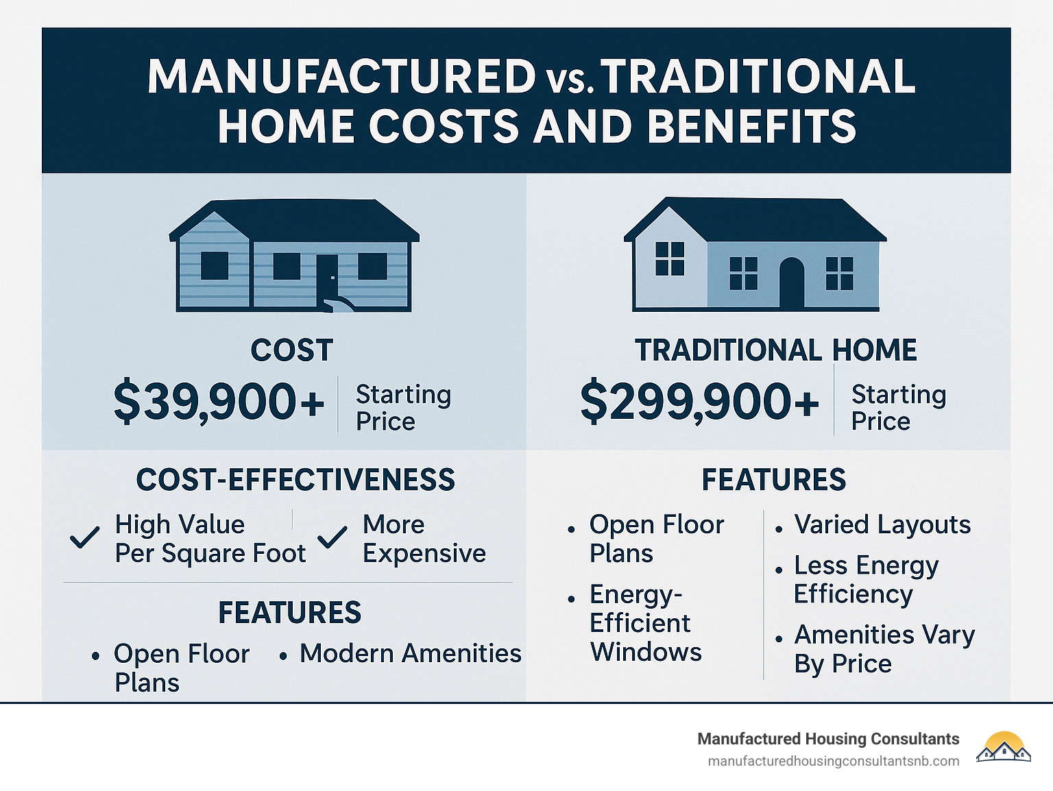 comparison of manufactured vs traditional home costs and benefits - cheap new mobile homes for sale near me infographic 