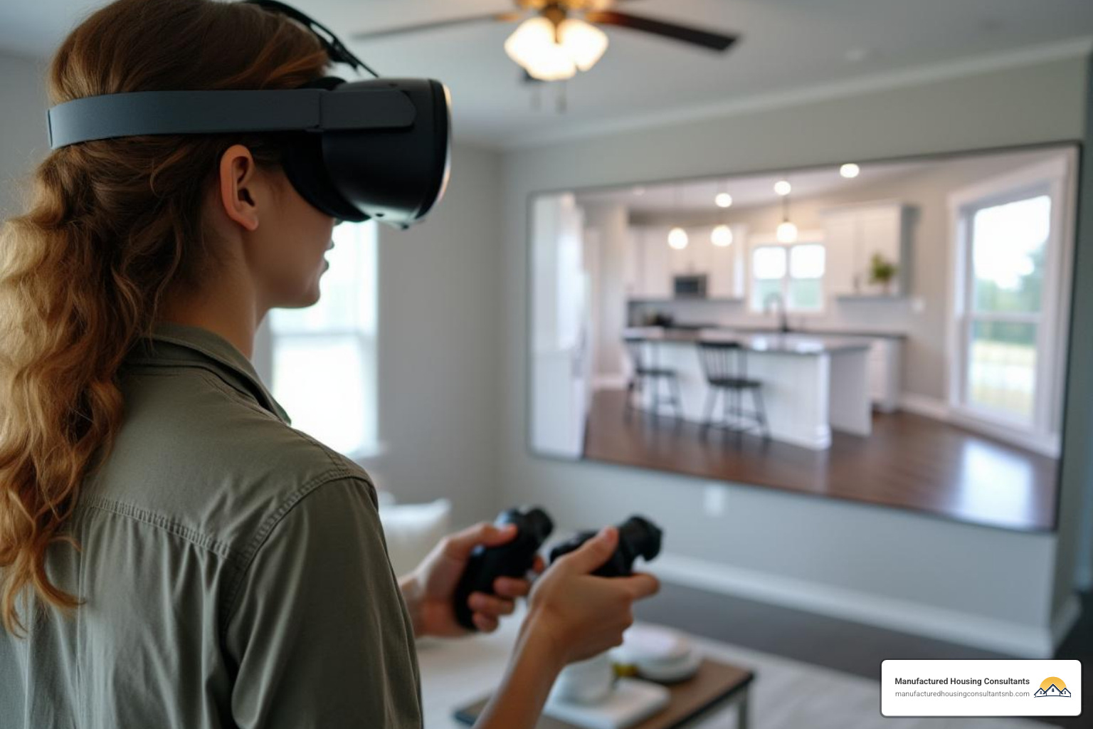 customer using VR headset for virtual home tour - cheap new mobile homes for sale near me