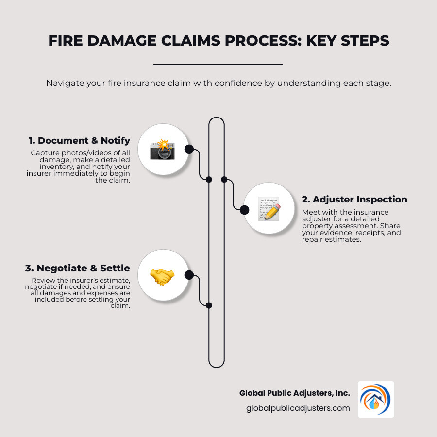 Timeline of fire damage claims process showing documentation, notification, adjuster inspection, estimate review, negotiation, and settlement stages with average timeframes for each - fire damage claims infographic infographic-line-3-steps-neat_beige
