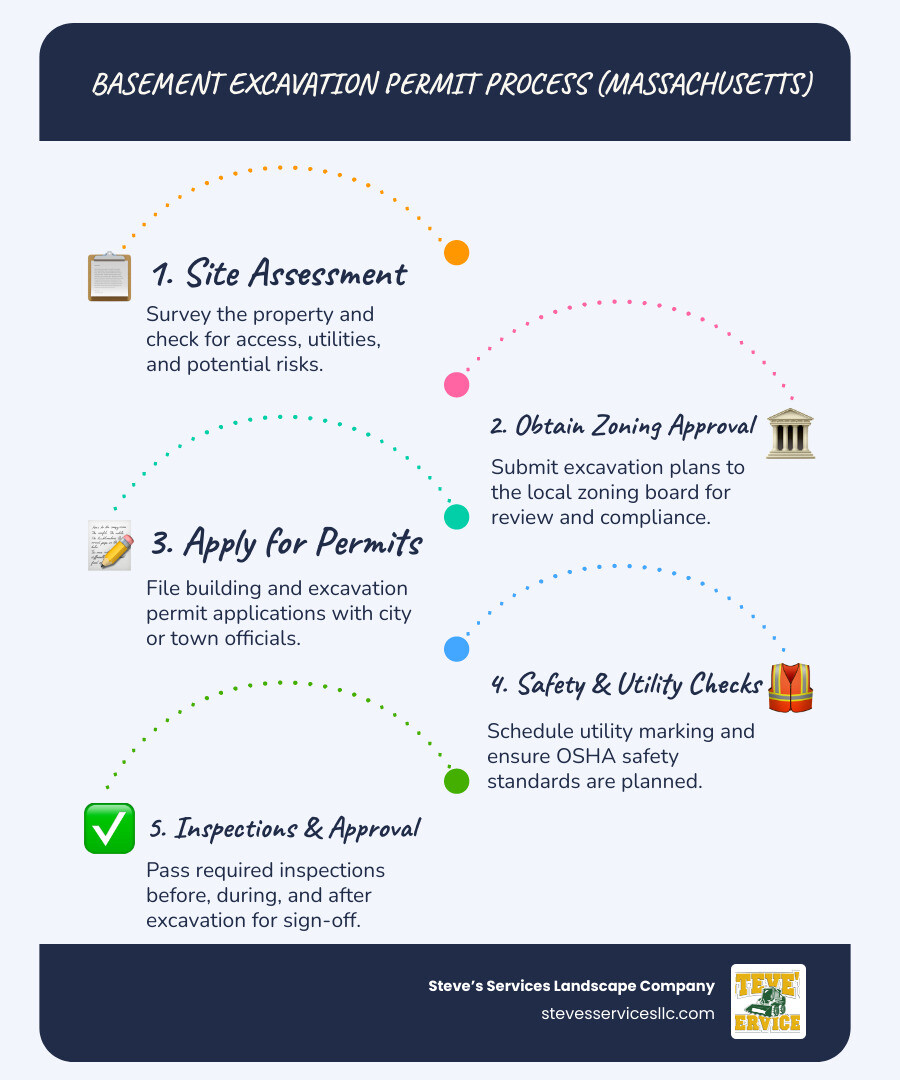 Infographic showing the basement excavation permit process, from application to inspections and sign-off. - Basement excavation contractors infographic infographic-line-5-steps-blues-accent_colors