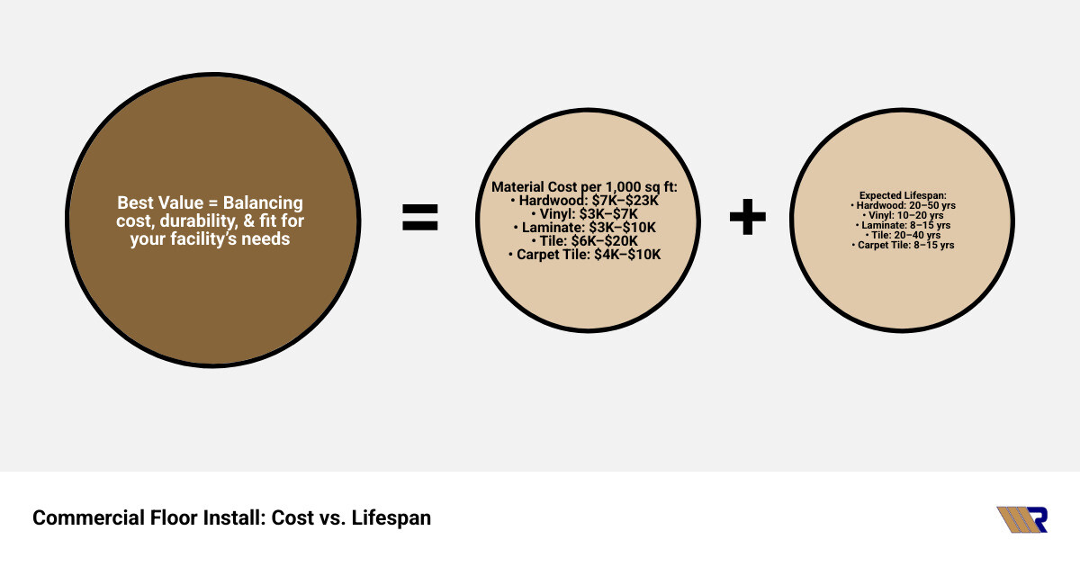 Comparison of material costs and expected lifespan - Commercial Floor Install infographic sum_of_parts