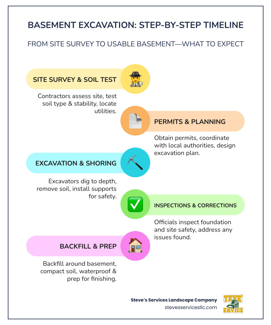 Infographic showing steps of a basement excavation project from site survey to finished basement, including time estimates, safety measures, cost ranges, and required professional roles. - Basement excavation contractors infographic infographic-line-5-steps-colors