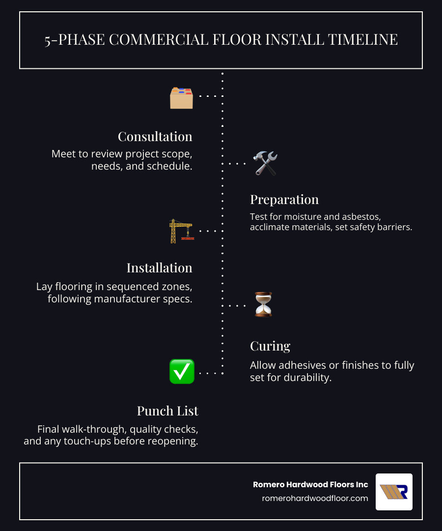 Infographic: 5-phase commercial floor install timeline—consultation, prep, install, cure, punch list - Commercial Floor Install infographic infographic-line-5-steps-dark