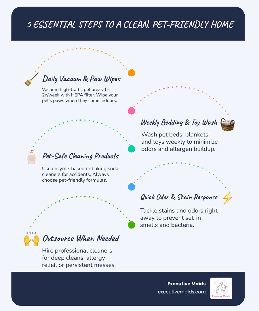 Infographic showing: 1. Daily Vacuum & Paw Wipes, 2. Weekly Bedding Wash, 3. Pet-Safe Cleaning Products, 4. Quick Odor & Stain Response, 5. Outsourcing for Lasting Freshness - cleaning homes with pets infographic infographic-line-5-steps-blues-accent_colors