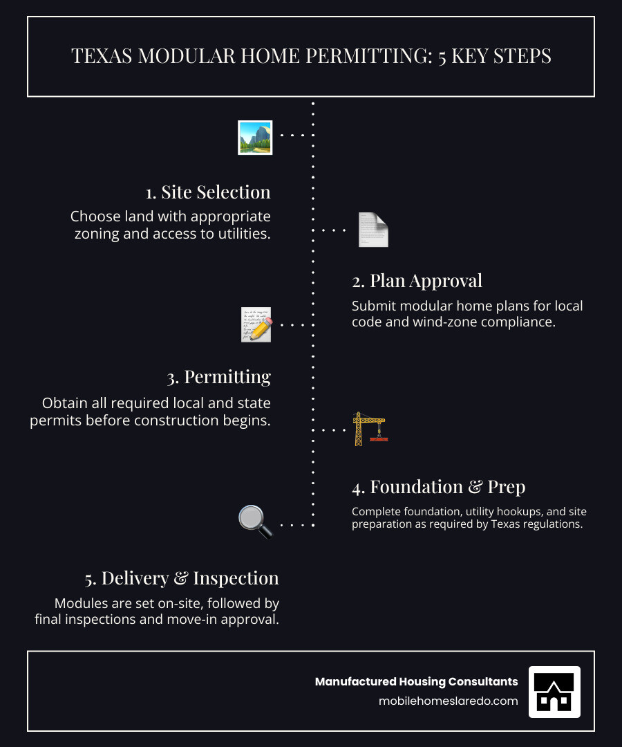 Texas modular home permitting process from site selection through final inspection - modern modular home designs infographic infographic-line-5-steps-dark Texas modular home permitting process from site selection through final inspection - modern modular home designs infographic infographic-line-5-steps-dark