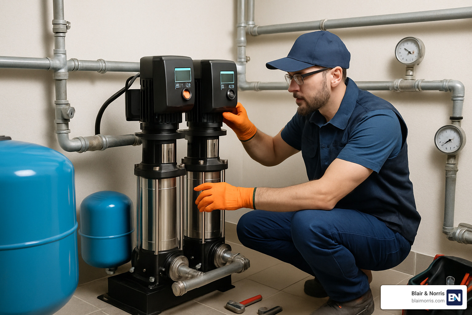 Technician installing a new booster pump system - pressure pump service near me