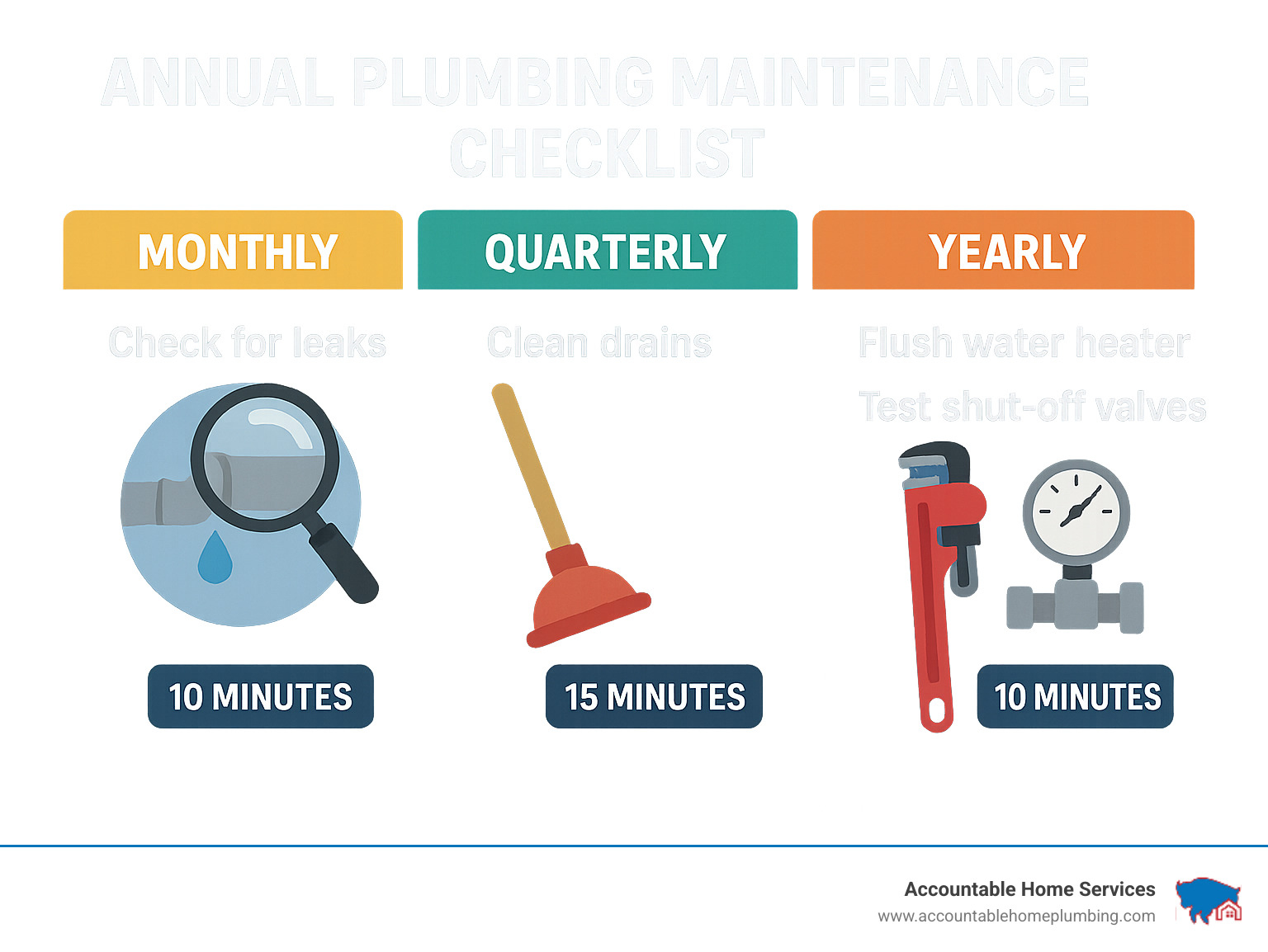 Annual plumbing maintenance checklist showing monthly, quarterly, and yearly tasks with time estimates and tools needed - annual plumbing maintenance infographic Annual plumbing maintenance checklist showing monthly, quarterly, and yearly tasks with time estimates and tools needed - annual plumbing maintenance infographic