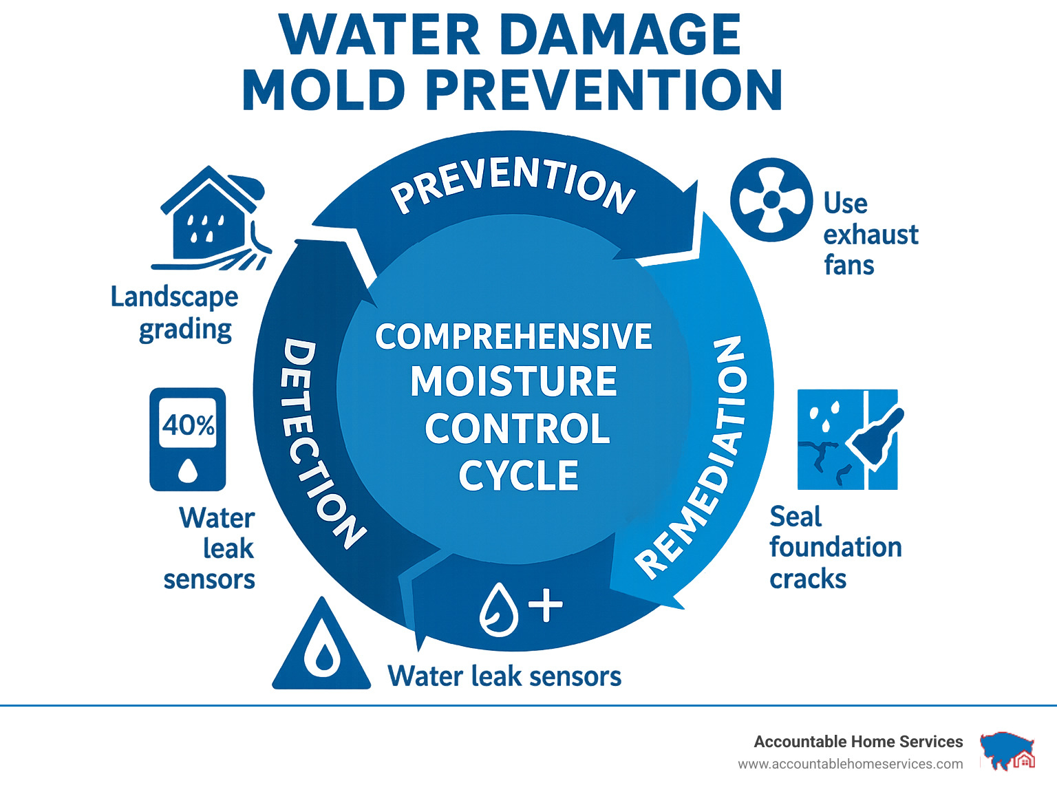 Comprehensive moisture control cycle showing prevention, detection, and remediation strategies for homes - Water damage mold prevention infographic 