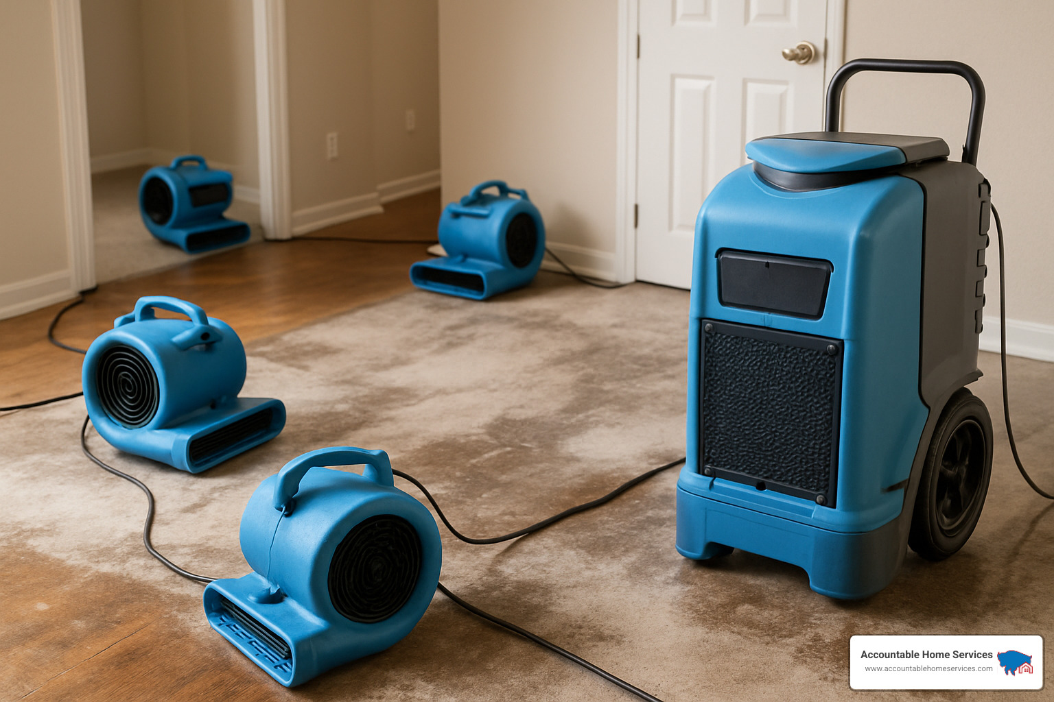 Professional water damage drying equipment setup with air movers and dehumidifier - Water damage mold prevention